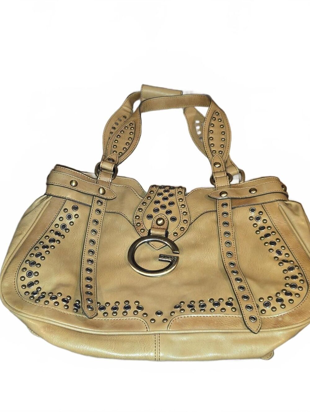 Vintage Guess Siena Shoulder Bag Tan Studded Y2K Handbag big metal logo GUC